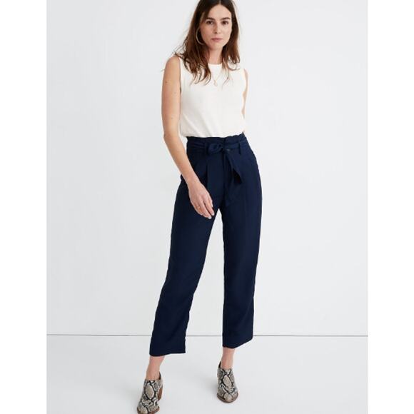 NWT Madewell Drapey Paperbag Pants Deep Navy Blue Women's Size 16 - Picture 1 of 16